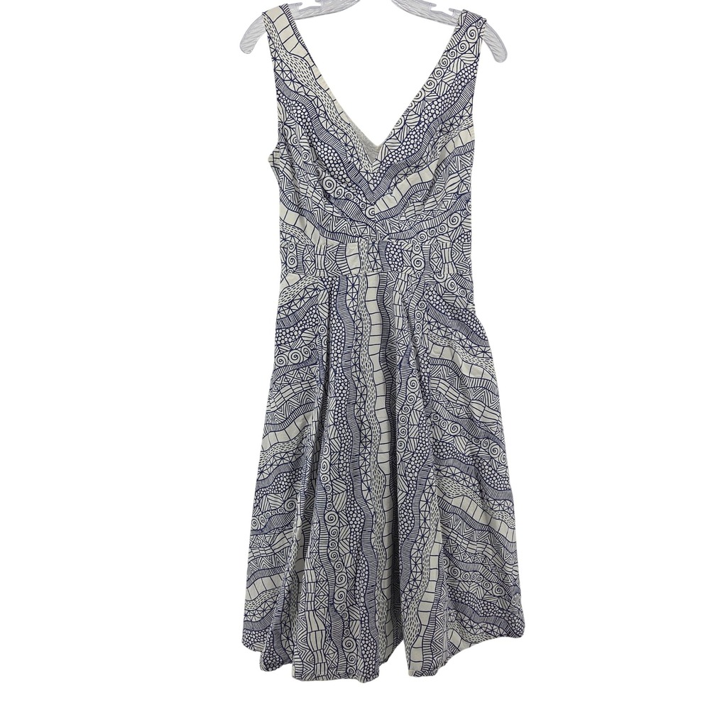 eShakti Midi Dress 10 Blue White Geometric Doodle Print Sleeveless Boho‎ Mod